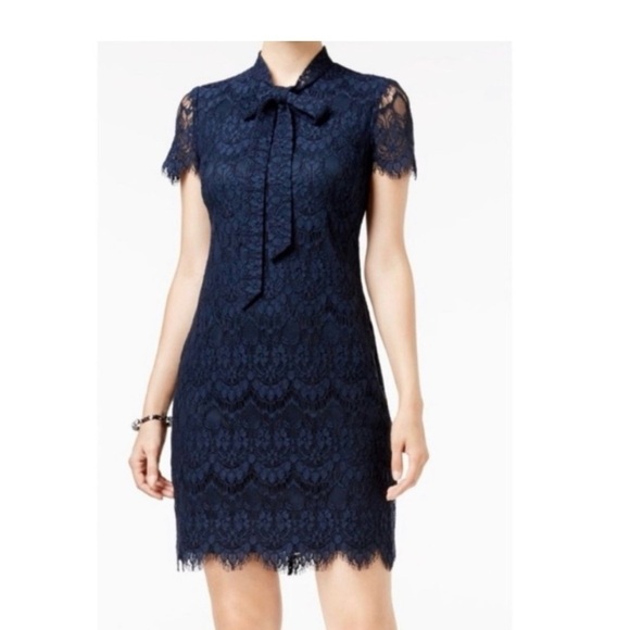 Betsey Johnson Dresses & Skirts - Betsey Johnson Navy Blue Lace Dress Tie Neck Size 0